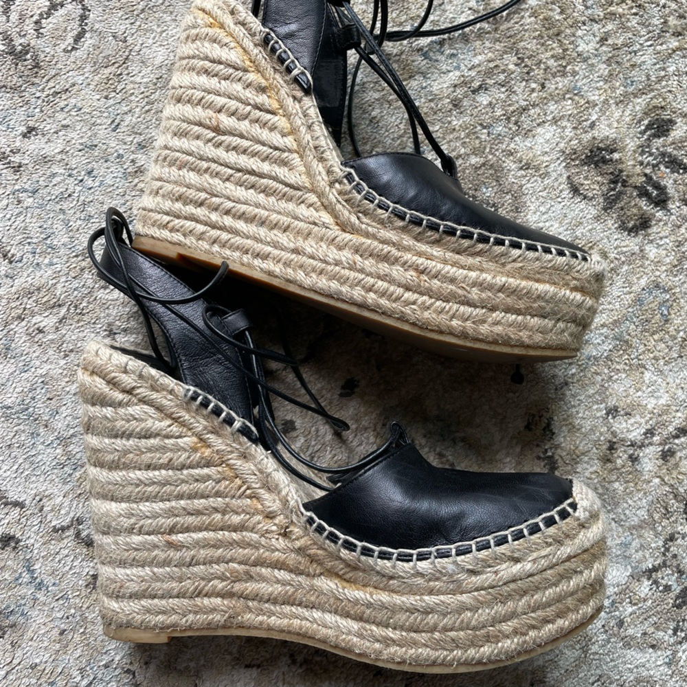 Saint Laurent Jute Wedges Black Nappa Leather Ankle Wrap Gladiator 37.5 EUC - Picture 4 of 9